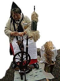 older woman doing manual yarn twisting at spinning wheel