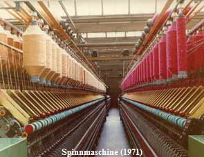 Mechanical spinning frames with long row of twisted yarn rolls both sides of a passageway